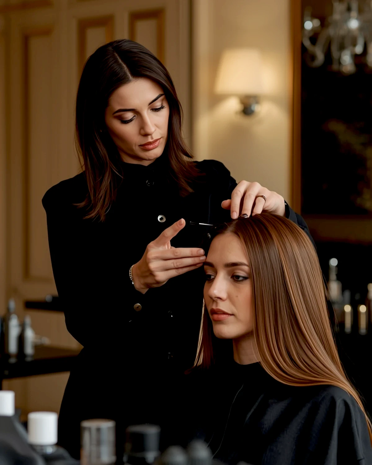Stylist blow drying client's hair